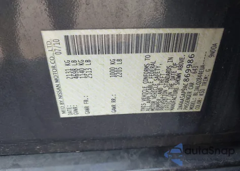 2010 Nissan Maxima z USA, uszkodzony, nr VIN 1N-4AA5AP9AC86998